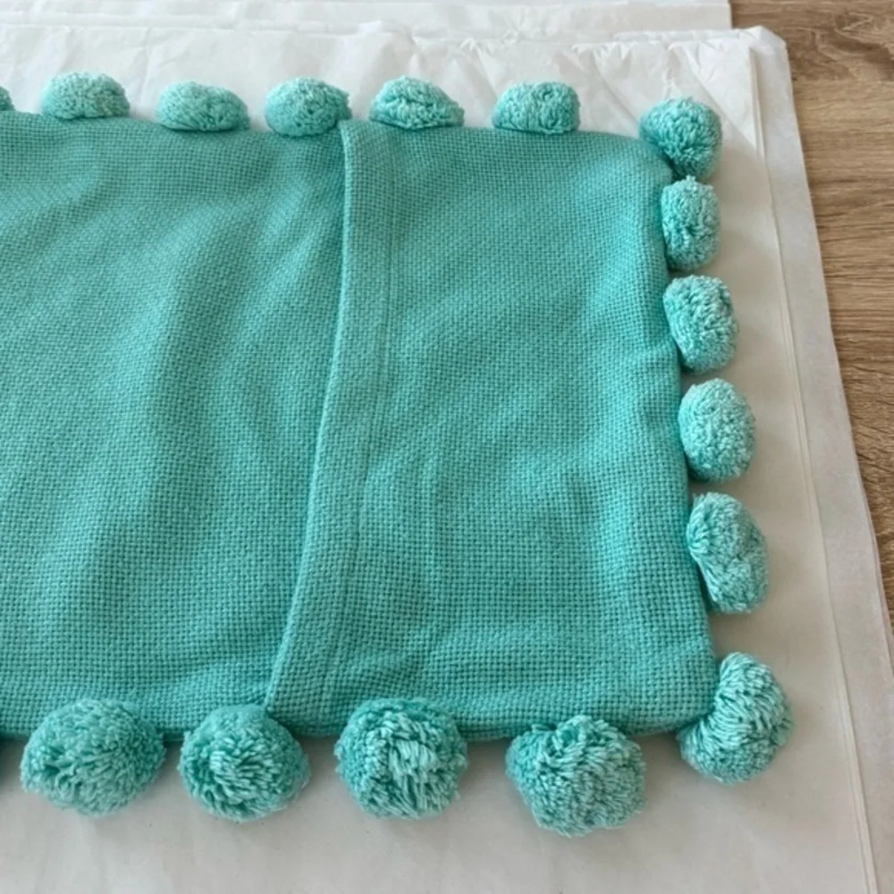 Pottery Barn Teen Pool Green Embroidered‎ P Pom Pom Organic Pillow Cover 12x 24